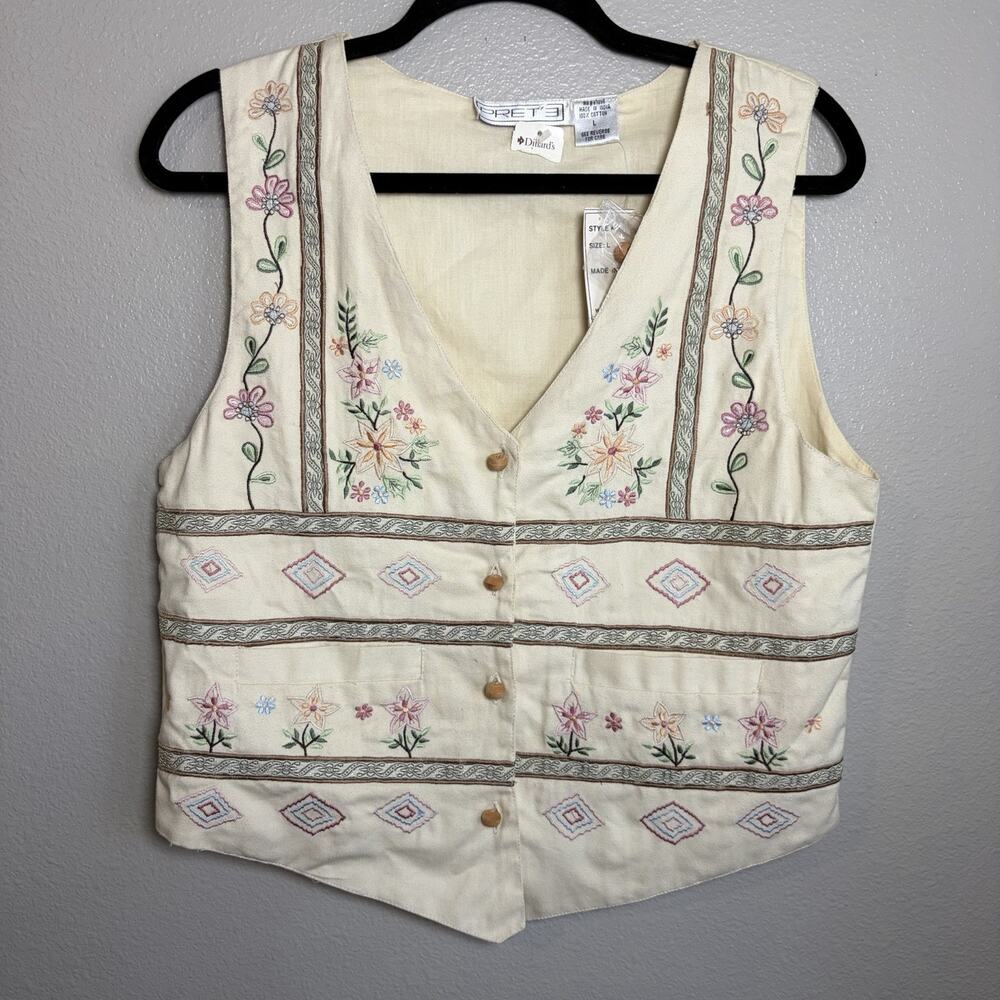 Vtg Vest Women L Cream Floral Embroider 100% Cotton Grandmacore Cottage Floral